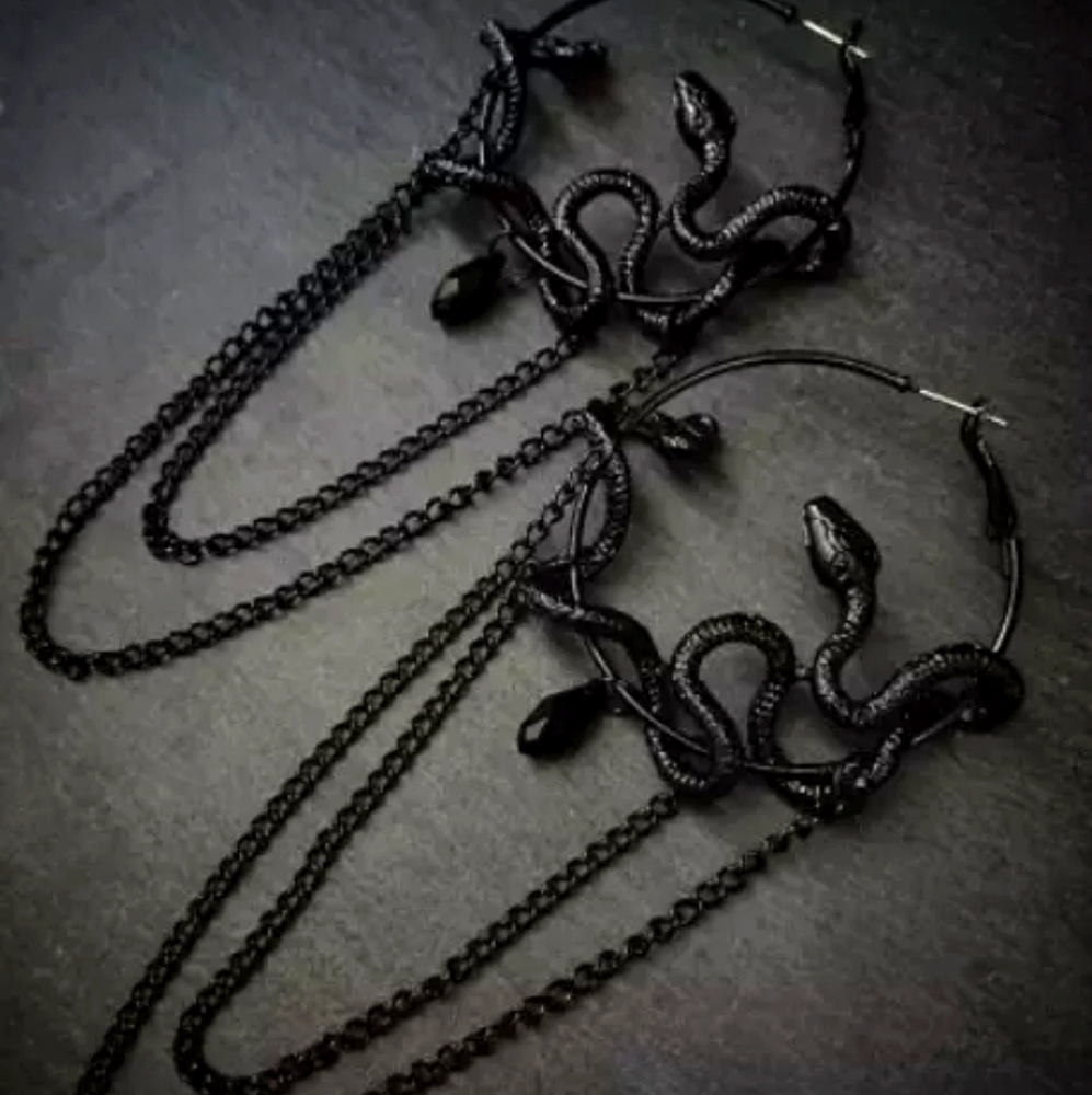 Black serpent large hoop earrings